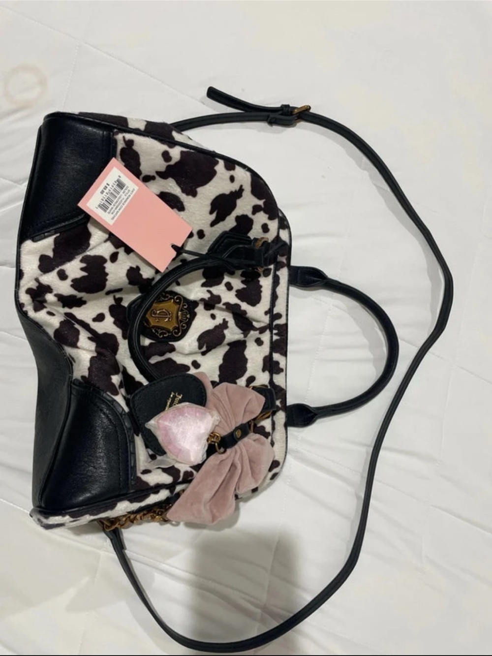 Juicy Couture Black & White Cow-Print Satchel with Pink Bow Charm